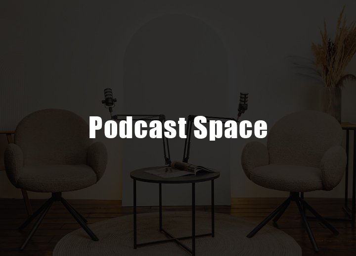 Podcast recording setup at Lens Grove Studio, a professional photo and video shoot rental space in Delhi, featuring a podcast space with two comfortable chairs, microphones on stands, and a central table, designed for high-quality audio recording and creator conversations.