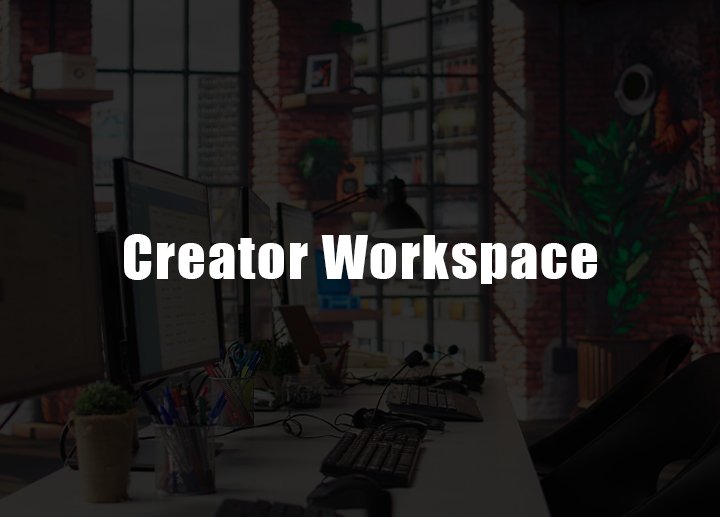 Creator workspace visual showcasing a modern desk setup with computer monitors and creative tools at Lens Grove Studio, a professional photo and video shoot rental space in Delhi, highlighting a dedicated workspace designed for content creators, editors, and digital production.