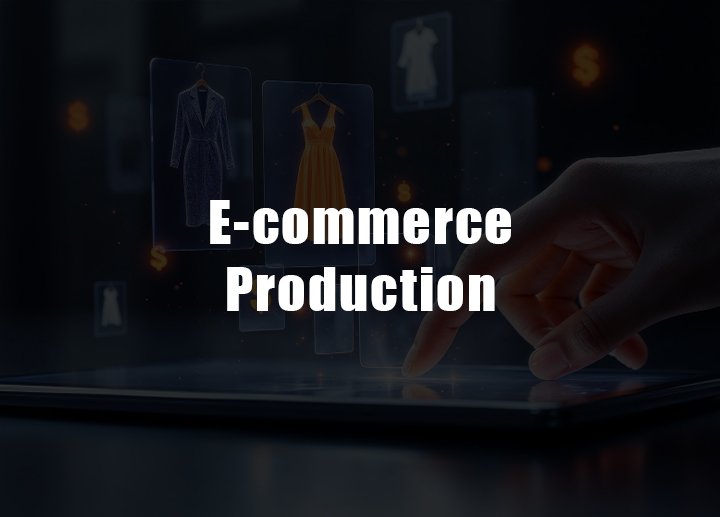 E-commerce production visual representing professional product photography and video services at Lens Grove Studio, a photo and video shoot rental space in Delhi, featuring a digital interface with fashion product visuals and the text “E-commerce Production,” symbolizing online retail content creation.