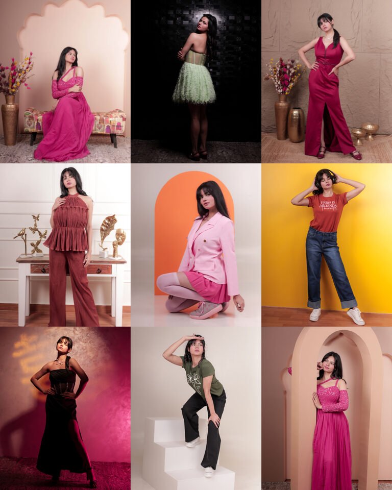 Grid-style fashion photoshoot captured at Lens Grove Studio, a professional photo and video shoot rental space in Delhi, featuring a female model in multiple outfits across varied studio backdrops including arches, textured walls, solid color backgrounds, and dramatic lighting, showcasing editorial and portfolio photography setups.