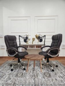 Podcast recording setup at Lens Grove Studio, a professional photo and video shoot rental space in Delhi, featuring two comfortable chairs, microphones on adjustable boom arms, a central table, and acoustic-friendly décor, designed for high-quality podcast and interview recordings.